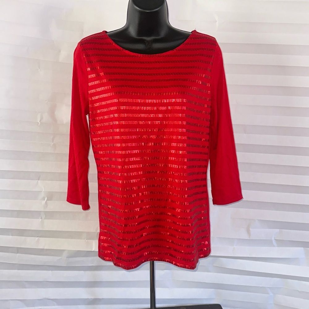 Liz Claiborne Sparkly Red Top – Women's Medium, Sequin 3/4 Sleeve Shirt
